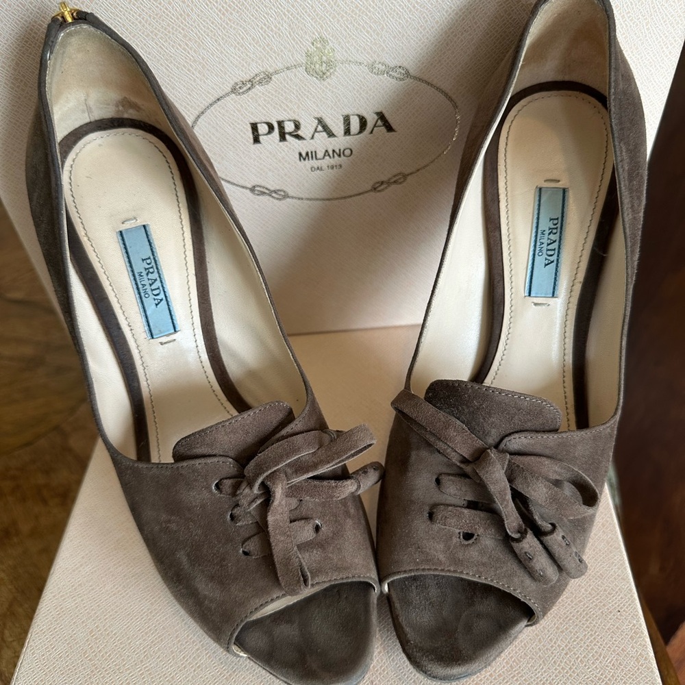 Prada Brown Suede Peep-Toe Lace-Up Platform Heels 9 9.5 EU 39.5 - Picture 2 of 16